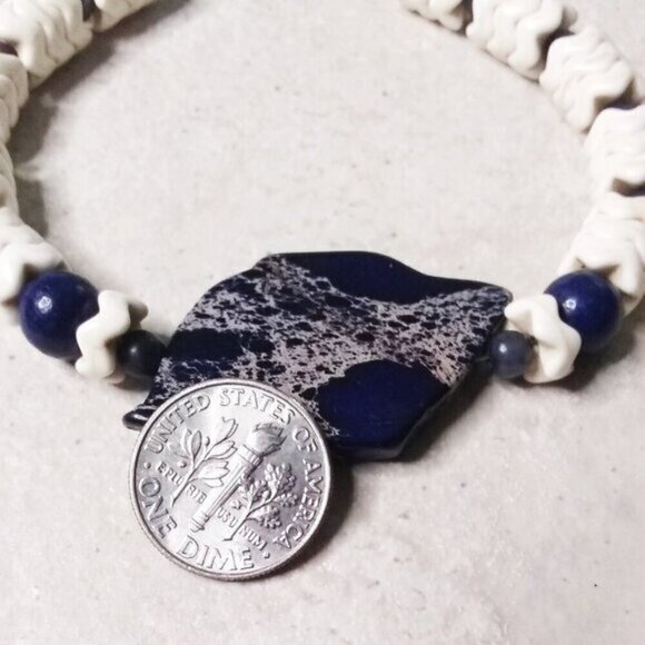 Color Contrasts! Navy Blue Sea Sediment Jasper + Lapis + Natural Howlite Wavers - Picture 2 of 8